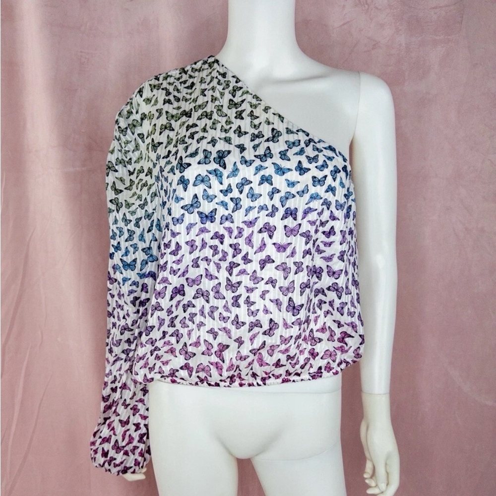 NWT CAMI NYC Womens White Butterfly Silk Too Blouse Size Small One Shoulder